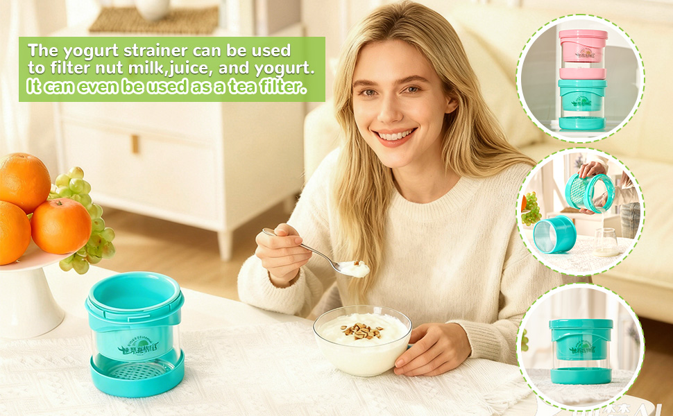 The yogurt strainer can be used to filter nut milk , juice, and yogurt.