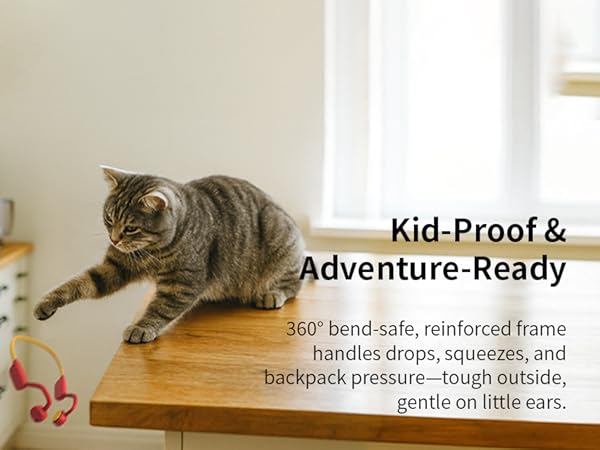 360° bendable neckband stands up to drops, squeezes, and backpack pressure—kid-proof.