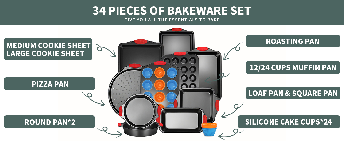 bakeware sets- baking &amp;amp; cookie sheet, muffin, cake round &amp;amp; square pan pizza, loaf, roasting pan