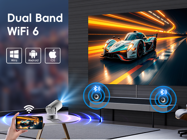 Dual Band WiFi 6 product advertisement showing compatibility with Windows, Android, and iOS. Features a racecar on a large screen TV with wireless speakers and smartphone connectivity.