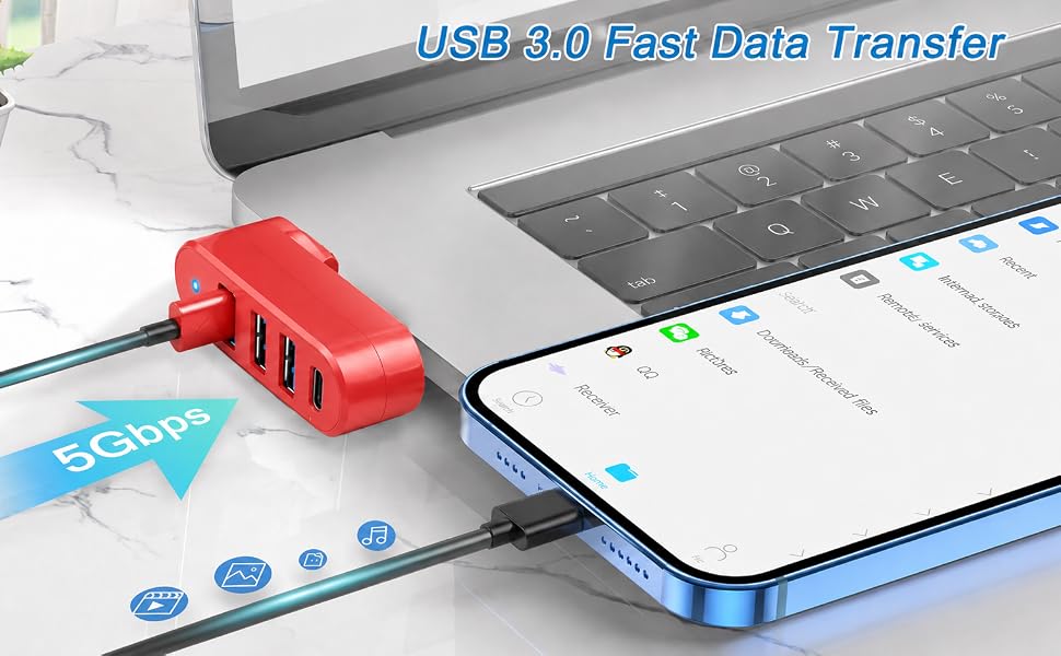 4-Port USB c Hub [90°/180° Degree Rotatable], USB c Splitter USB Extender for Laptop, Car, Red