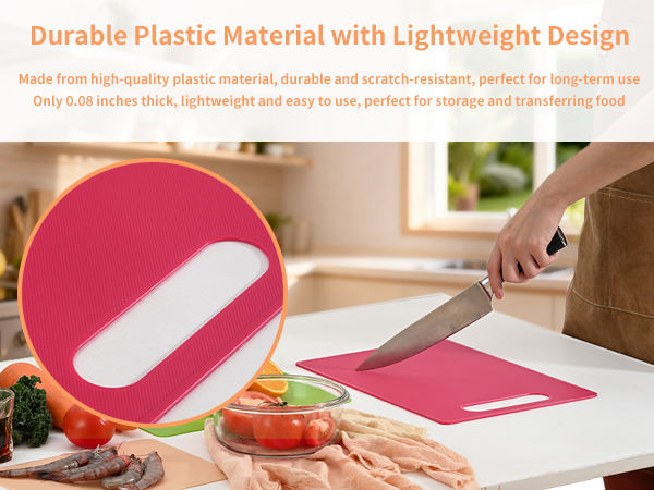 Durable and lightweight plastic cutting board with handle hole, perfect for storage and food prep