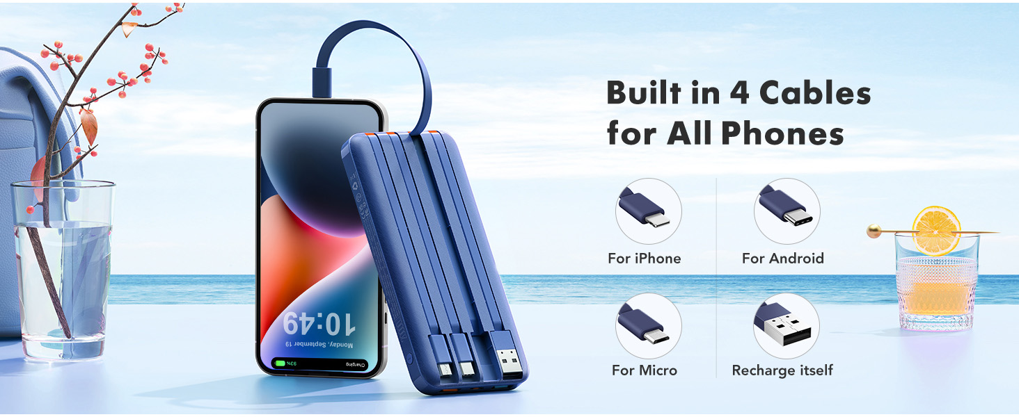 Text reads 'Built in 4 Cables for All Phones', 'For iPhone', 'For Android', 'Recharge Itself'. Blue multi-cable charging device with integrated cables and decorative dried flowers on beach background.