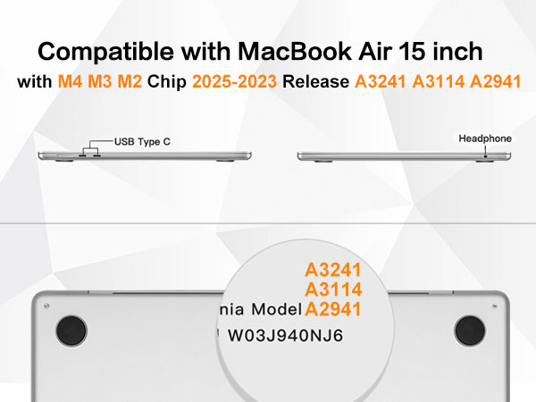 Technical compatibility diagram for MacBook Air 15-inch, showing USB Type-C and headphone ports, with model numbers A3241, A3114, A2941.