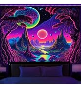 Manicer Blacklight Galaxy Moon Tapestry - Trippy Alien Landscape, UV Reactive Neon Mountain Fores...