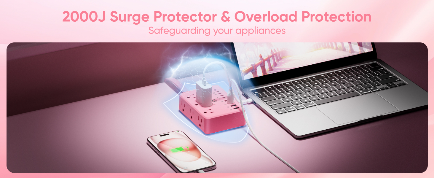 This pink surge protector features 2000J surge protection.