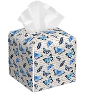BLYKVGHQ Vintage Blue Butterfly Tissue Box Cover Square, Tissue Box Holder with Bottom Belt Leath...