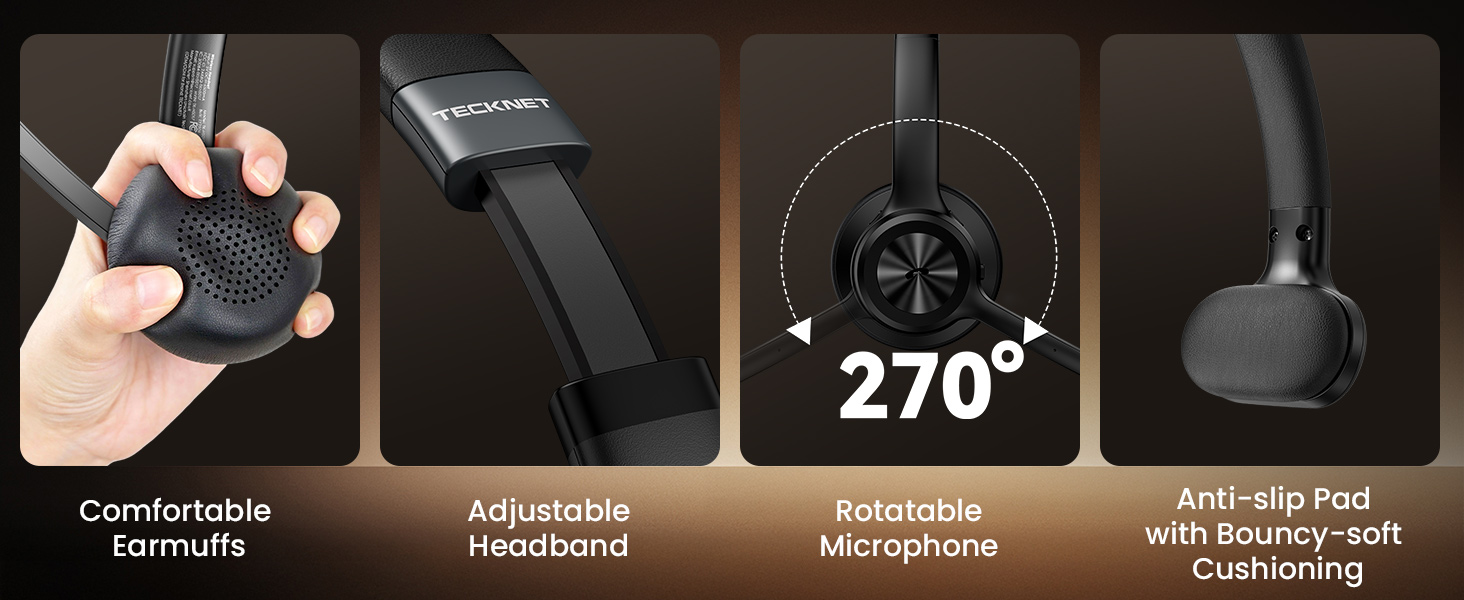 Text reads '270°'. Product feature demonstration showing adjustable headphone with rotating microphone and comfort features across multiple panels.