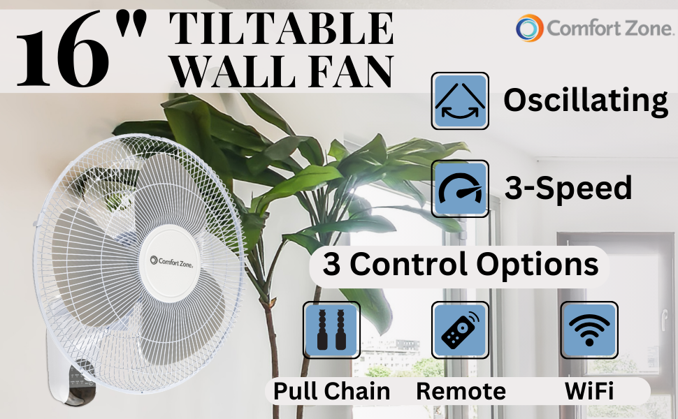 comfort zone 16 inch oscillating wall mount fan white 3-speed