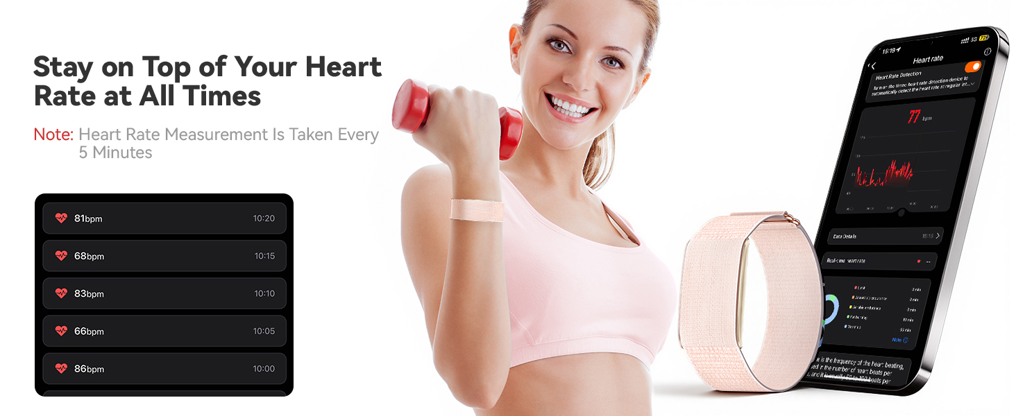 Text reads 'Stay on Top of Your Heart Rate at All Times'. Product image showing a fitness tracking device with heart rate monitoring display next to a smartphone.