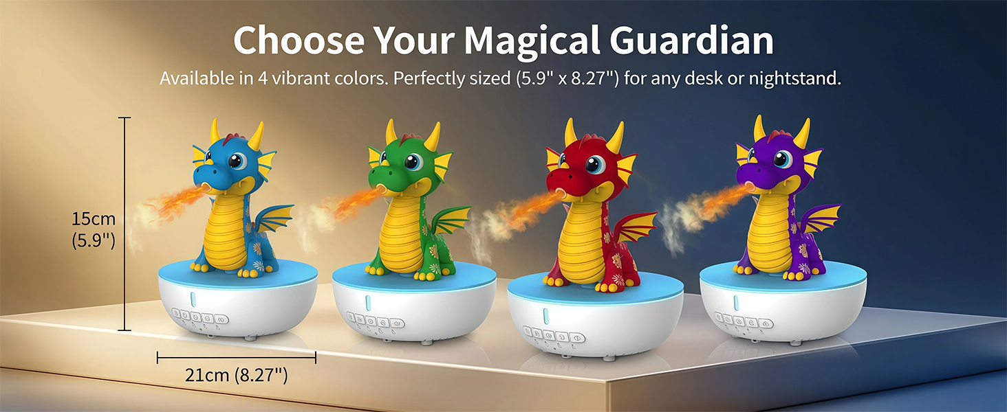 Text reads 'Choose Your Magical Guardian' and 'Available in 4 colors. Perfectly sized 2.7' x 3.6' / The tiny size is organized.' Four colorful decorative figurines in blue, green, red, and purple displayed on white bases.