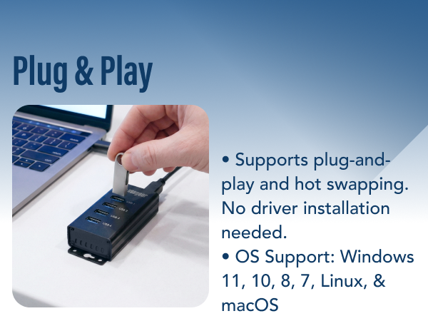 USBgear plug and play 4 port USB hub connected to laptop, compact USB data hub for easy setup