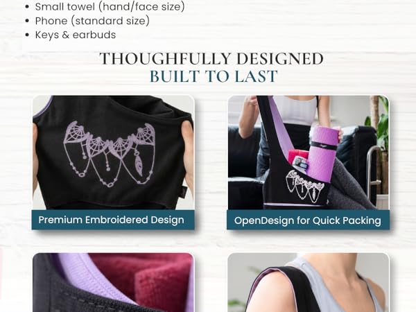 Additional accessories that fit in the yoga mat carrier, showing features and benefits