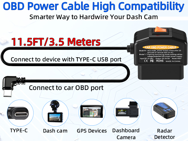 Dash Cam Hardwire Kit USB C, OBD2 to Type-C Adapter Hardwire Kit with 24/7 Parking Mode
