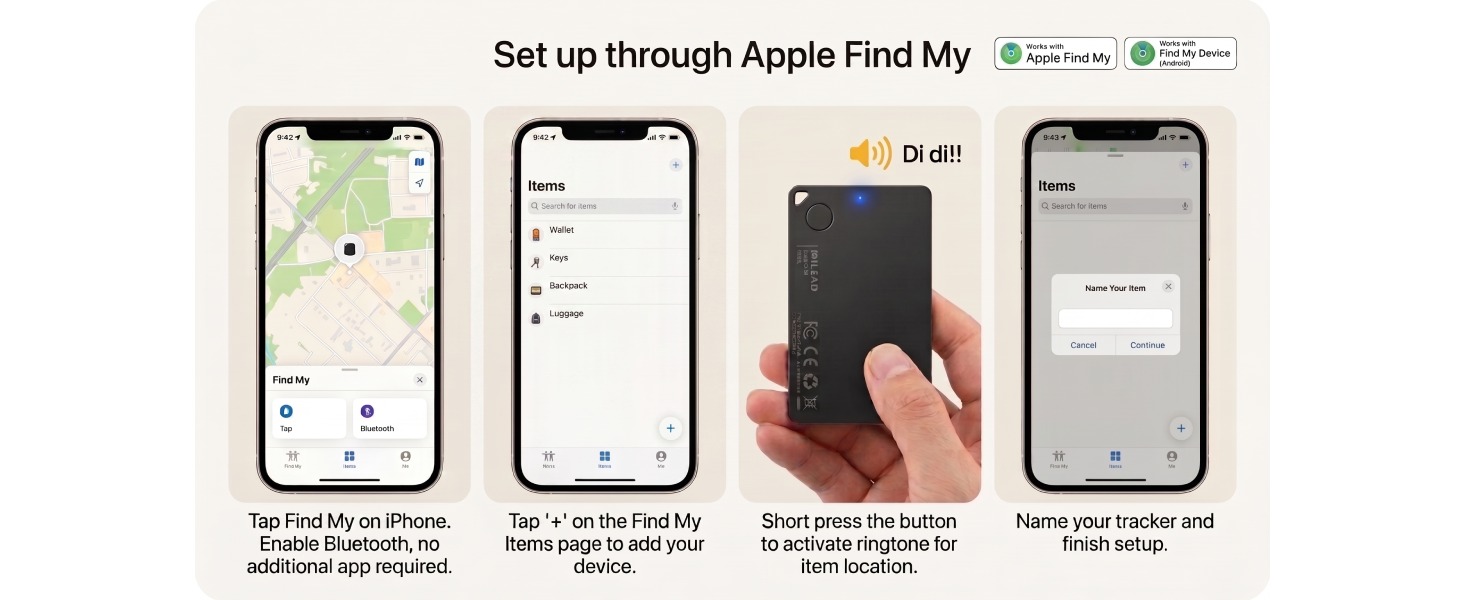 Setup guide for an anti-loss tracker card, showing how to pair it with Apple Find My.