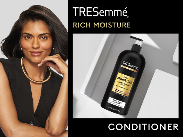 Woman with beautiful healthy-looking hair next to an image of product's bottle.