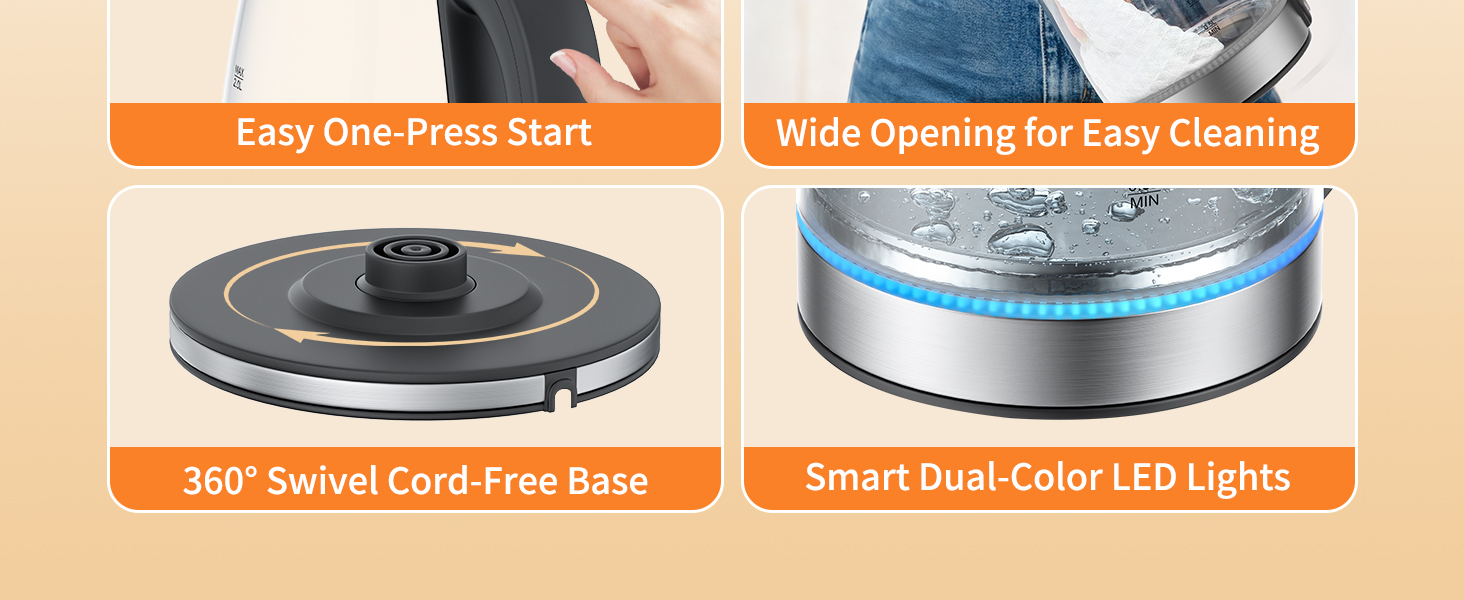 Electric Kettle Glass 2L, 1500W Fast Boiling Hot Water Boiler with Auto Shut-Off, LED Light