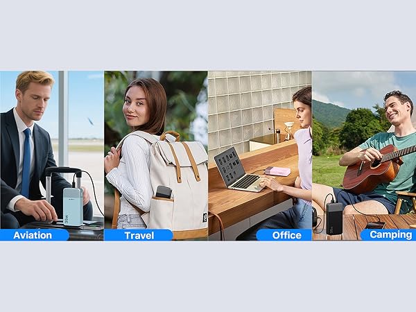 Banner with four sections showing different business scenarios labeled 'Artisanat', 'Travel', 'Office', and 'Commerce'. Each panel shows people in professional settings.