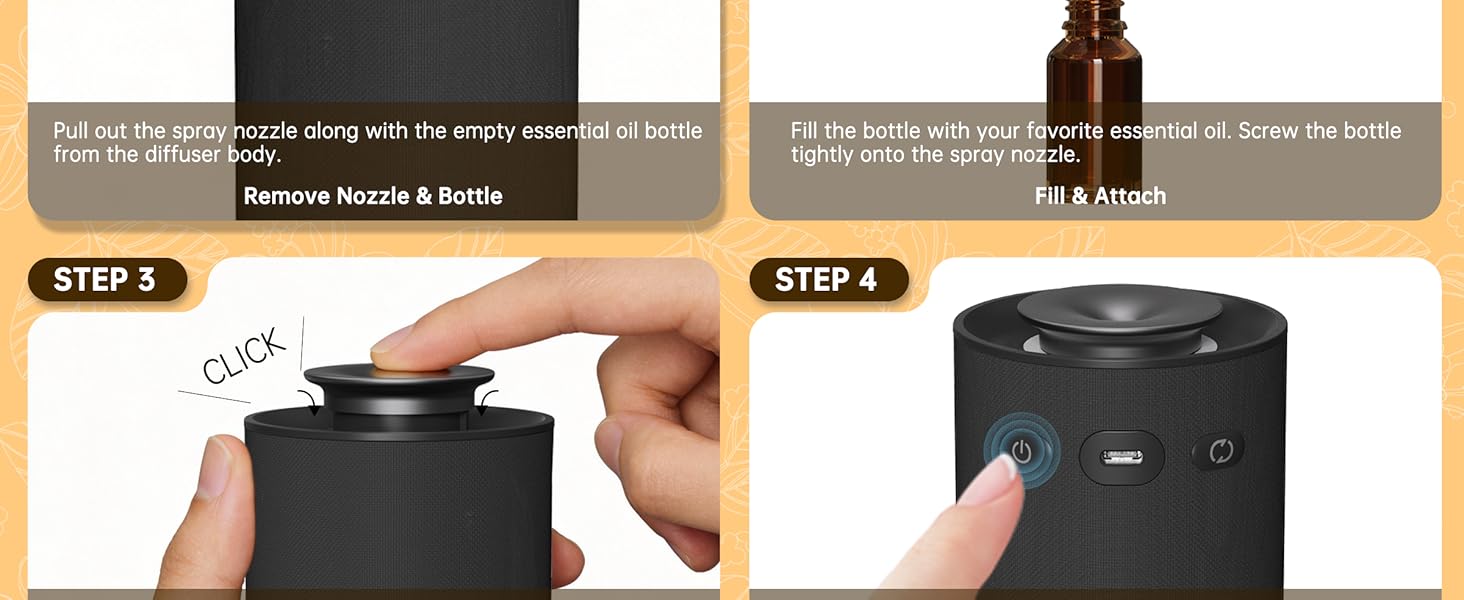 Four-panel instruction guide showing step-by-step process for assembling or using a black cylindrical device. Steps labeled 'STEP 1' through 'STEP 4'.