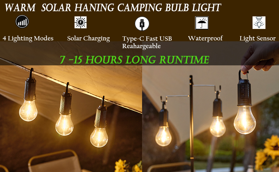 solar camping hanging hooked bulb light