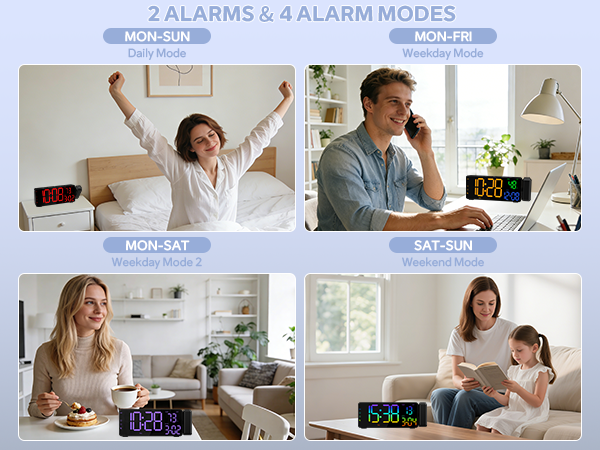 Text reads: '2 ALARMS &amp; 4 ALARM MODES', 'MON-SAT', 'SAT-SUN'. Four-panel image showing different scenarios of people with digital alarm clocks in home settings.
