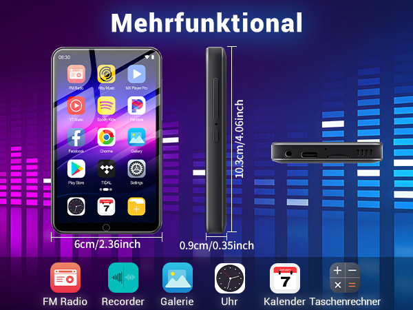 Text reads 'Mehrfunktional'. Mobile device interface showing various app icons and features including FM Radio, Recorder, Kalender, and Taschenrechner with measurement specifications.