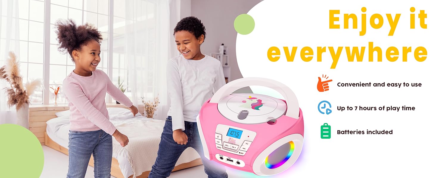 Text reads 'Enjoy it everywhere'. Product marketing collage showing CD player device usage in different settings with text overlay.