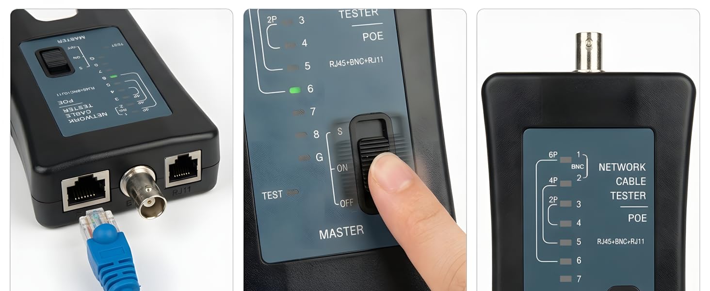 Connect cable • Slide 3-position switch • Check LED | RJ45 BNC RJ11 POE Tester