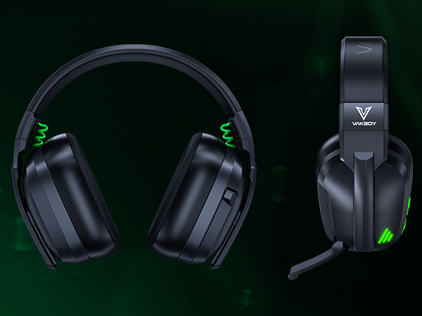 Black gaming headset with green LED accents, featuring over-ear cups, adjustable microphone, and wireless design shown from multiple angles against dark background.