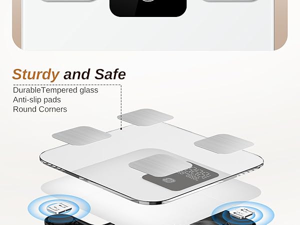sturdy and safe bathroom digital bluetooth weigh scale tempered glass anti-slip pads