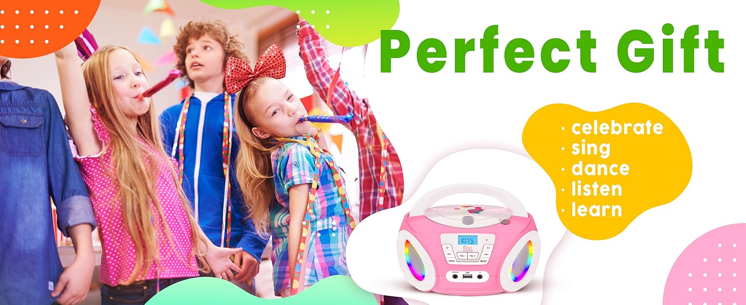 Text reads 'Perfect Gift' in banner with colorful shopping-themed imagery showing retail bags and shopping activity.