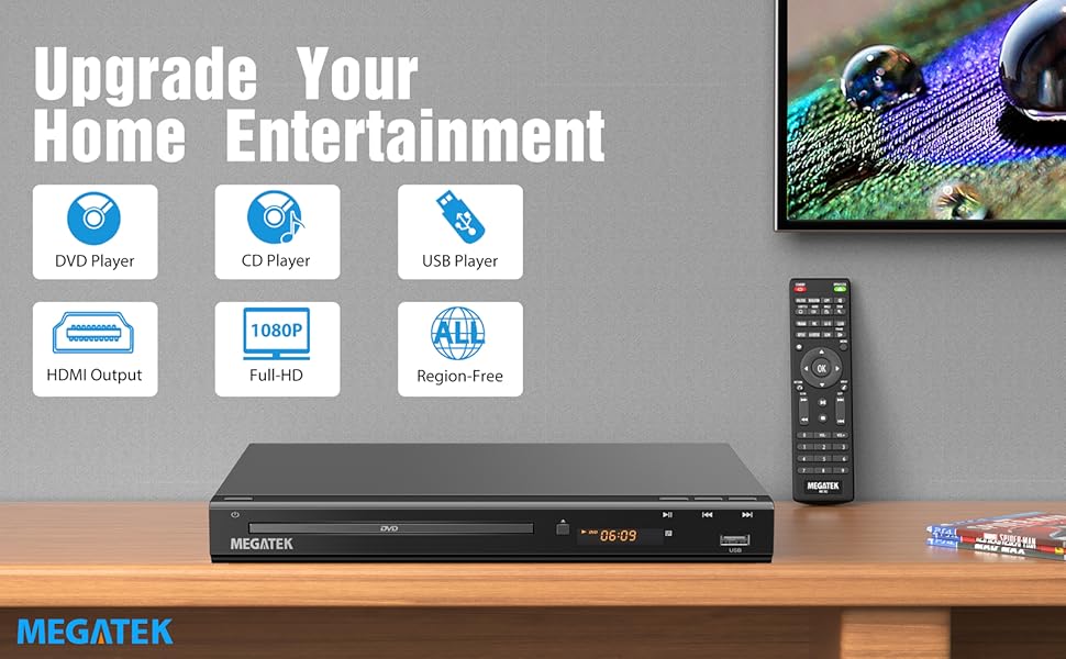 Hero image of DuraPlay DVD player showcasing sleek, compact design and HDMI home setup