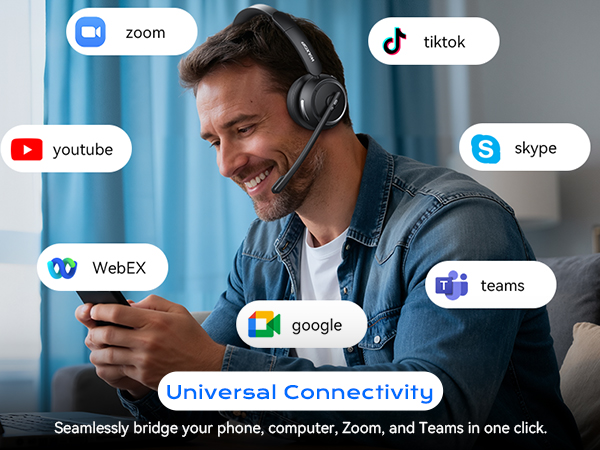 This wireless headset with mic for work is compatible with mainstream meeting apps