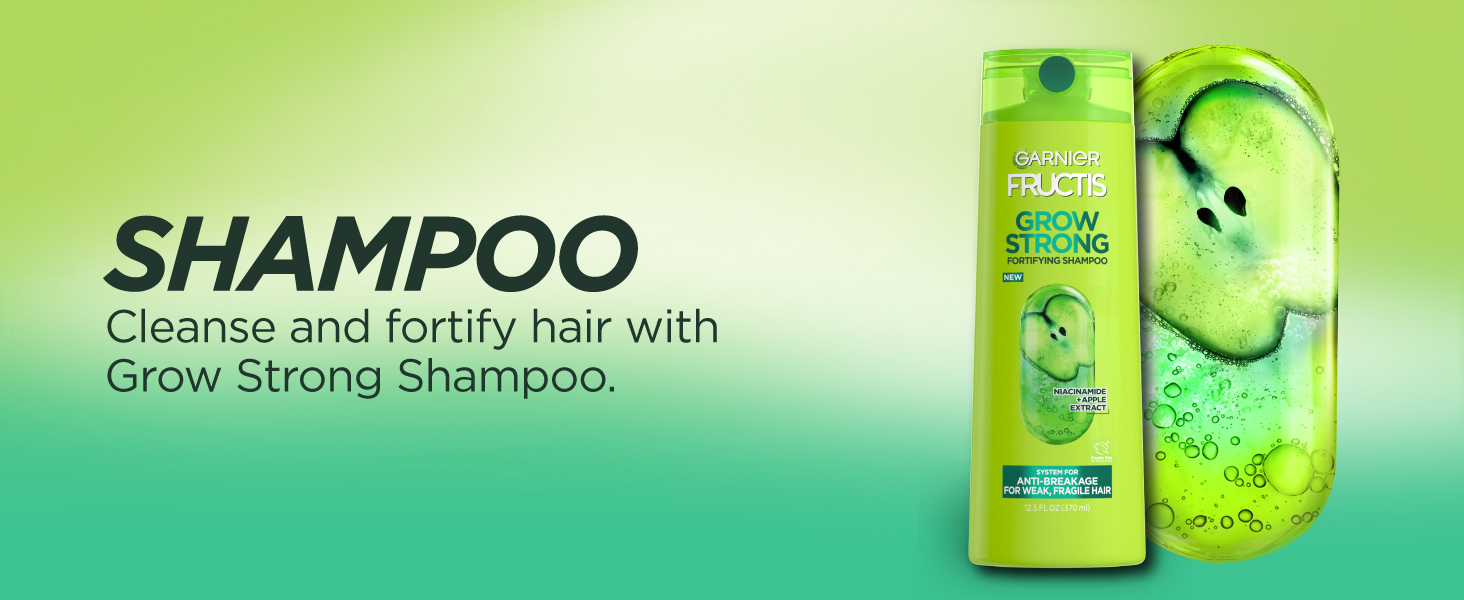 shampoo, cleanse and fortify hair with grow strong shampoo