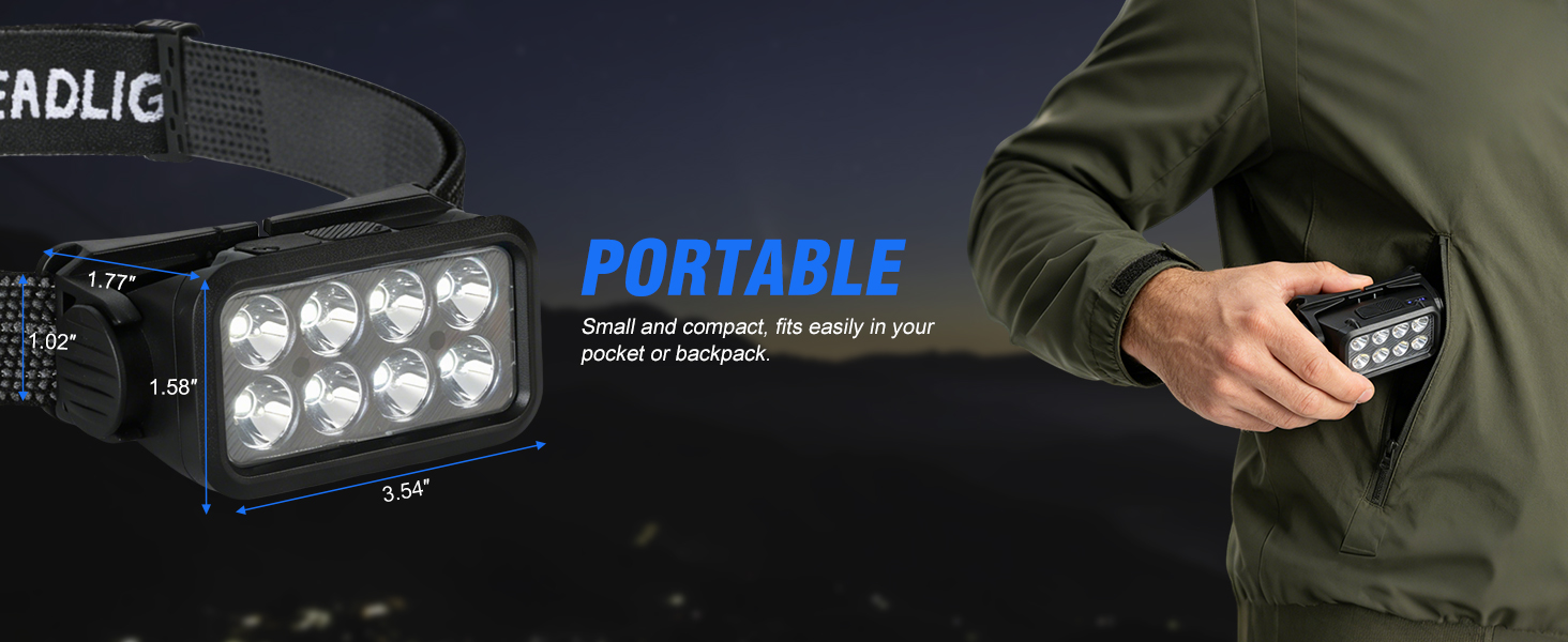 The head light for forehead is compact enough to fit in your pocket, suitable for people of all ages