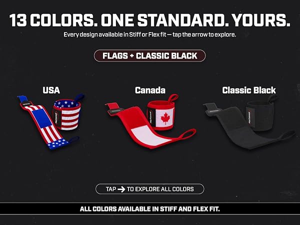 Rip Toned wrist wraps - USA flag, Canada flag and classic black, stiff or flex fit