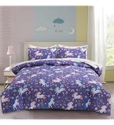 Btargot 5Pcs Purple Floral Unicorn Bedding Set for Girls Kids, Twin Size Rainbow Flower Unicorn C...