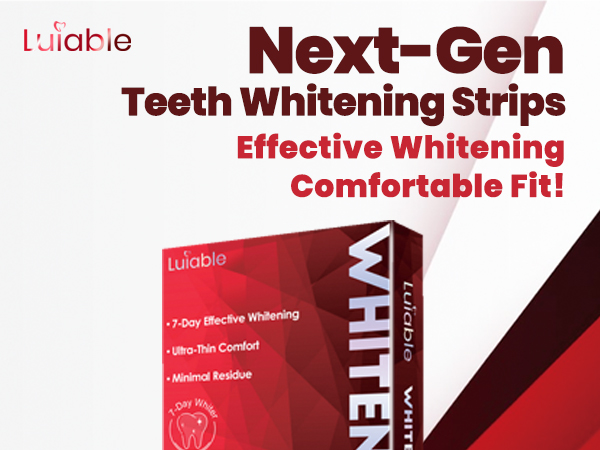 Text reads 'Next-Gen Teeth Whitening Strips' and 'Effective Whitening Comfortable Fit'. Product packaging showing teeth whitening strips with red and white design elements.