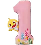 PartyWoo Baby Shark Pink Foil Number 1 Balloon 40 Inch Pink Mylar Helium Birthday Number Balloons...