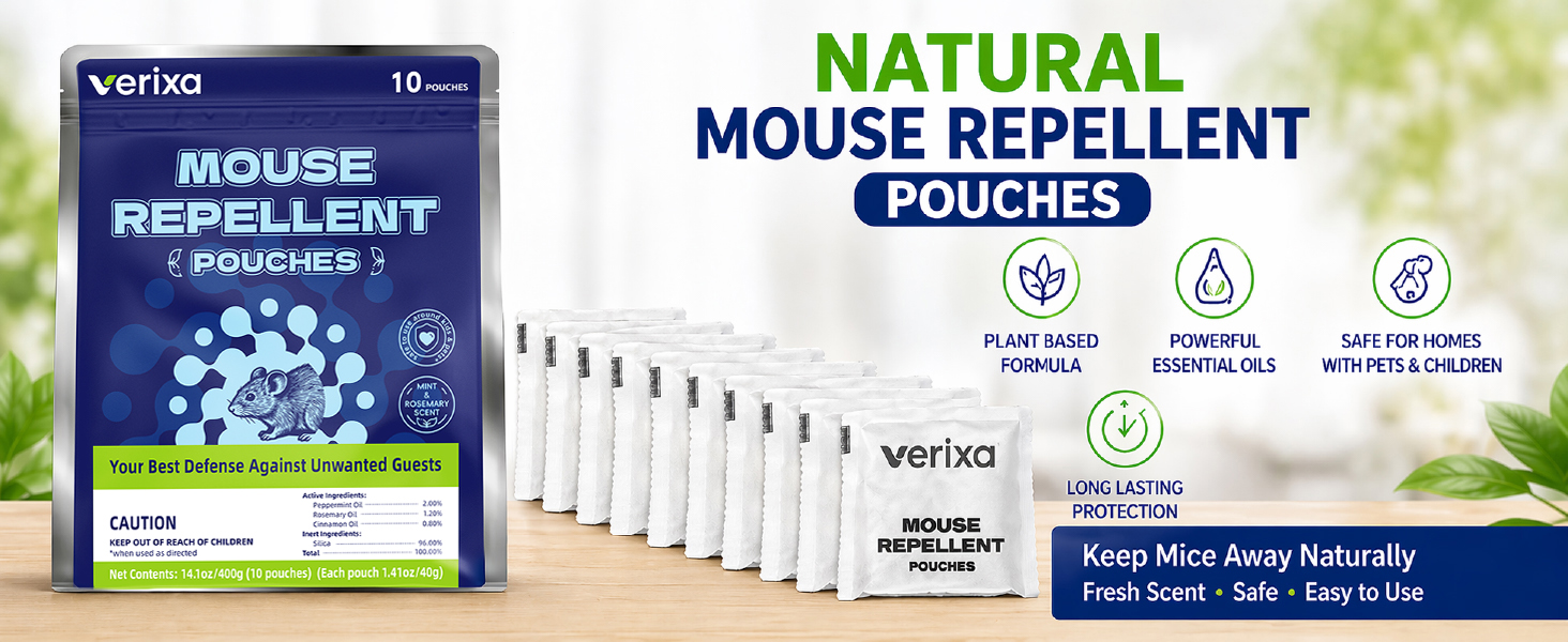 Verixa Mouse Repellent Pouches 10 Pack, Natural Peppermint Cinnamon Oil Rodent Deterrent Indoor
