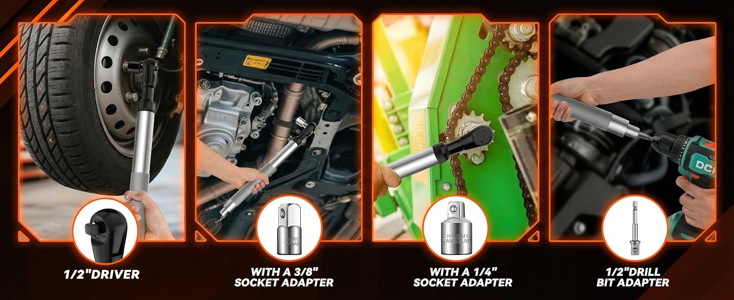 Versatile Ratchet Set: 1/2&amp;#34; Driver with 3/8&amp;#34; &amp;amp; 1/4&amp;#34; Socket Adapters and 1/2&amp;#34; Drill Bit Adapter.