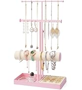 boailydi Pink Jewelry Organizer Stand, 3-Tier Necklace &amp; Bracelet Holder with Velvet Ring Tray, C...