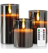 Homemory Grey Glass Flameless Candles, Battery Operated LED Pillar Candles with Remote Control an...
