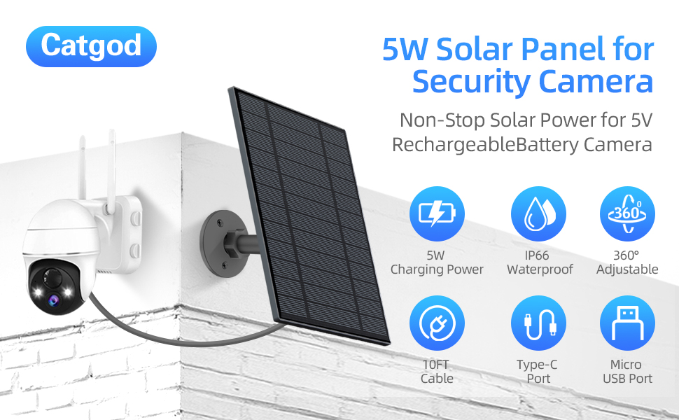 5W Solar Panel for Security Camera, Solar Panel with Micro USB &amp;amp; USB-C Port for DC 5V Battery Camera
