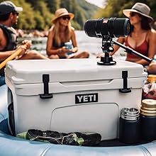Portable Suction Speaker Mount Attached to Yeti Cooler
