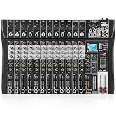 12 Channel Audio Mixer with Bluetooth, Professional DJ Mixer Board with 48V Phantom Power, USB Au...