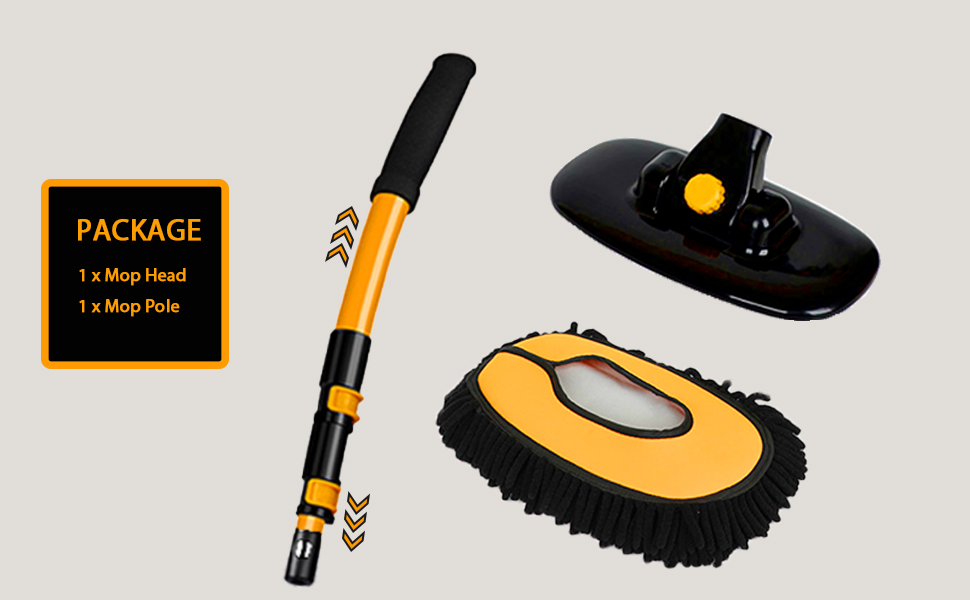 Car cleaning kit with extendable yellow and black pole, oval-shaped mop head, and circular brush. Package includes 1 mop head and 1 mop pole.