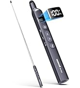 Black electronic presentation remote or pointer device shown from multiple angles, featuring LED display and control buttons. Includes USB receiver and charging cable.