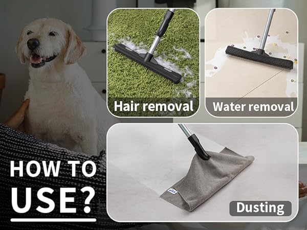 MR.SIGA Pet Hair Removal Rubber Broom with Built in Squeegee, 3 in 1 Floor Brush for Carpet