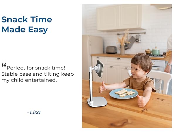 Modern white desk lamp with adjustable arm shown in kitchen setting, marketed for snack time use with testimonial about stable base.